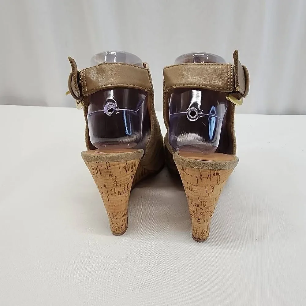 Nine West Size 8.5 Payton Suede Tan Leather Wedge Slingback Sandal Heels O